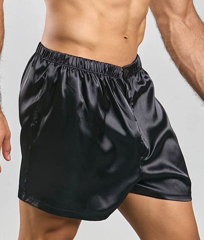 Malebasics shorts satin black satin boxer shorts with elastic waistband and subtle button closure front view