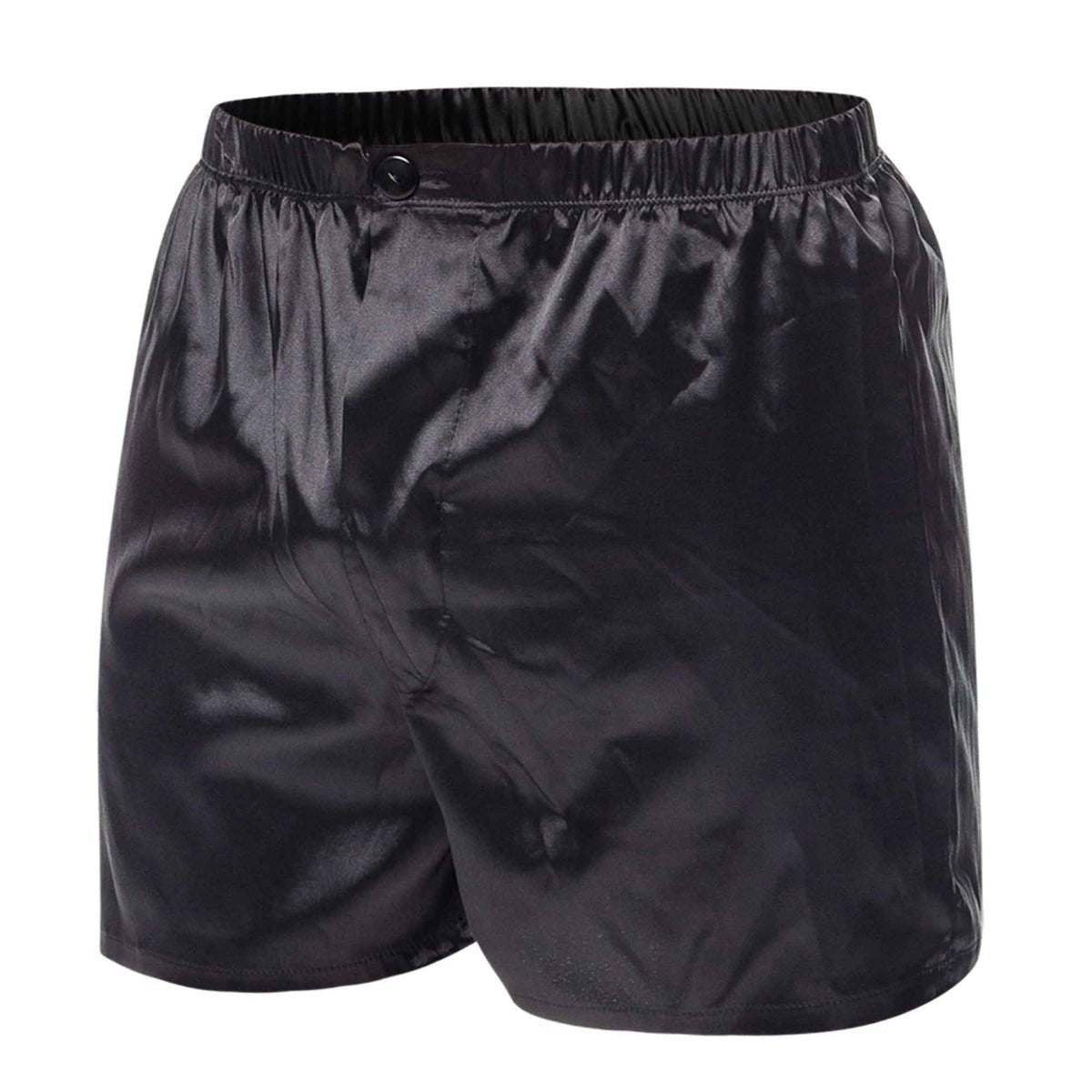 Malebasics shorts satin black satin boxer shorts with elastic waistband and single button closure
