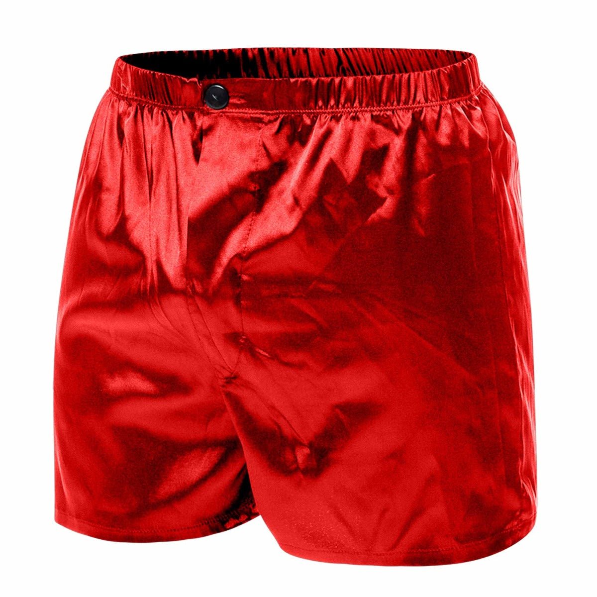 Red satin boxer shorts with black waistband button from malebasics shorts satin collection