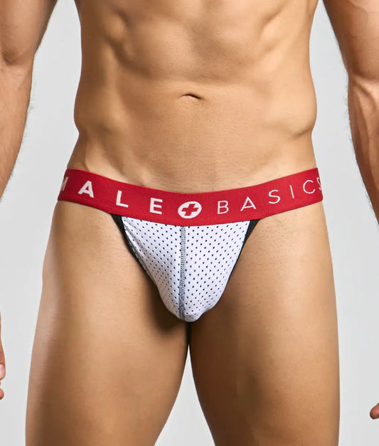 Malebasics spot jockstrap white mesh briefs with red waistband and male basics logo featuring white cross symbol