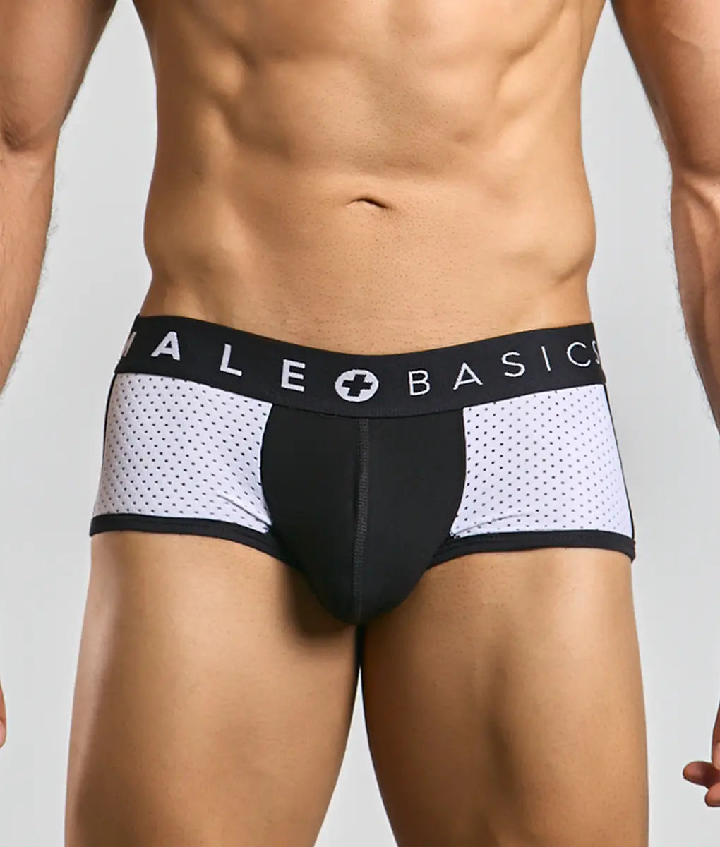 Malebasics spot new sexier trunk mesh briefs in black and white with a branded waistband in pink