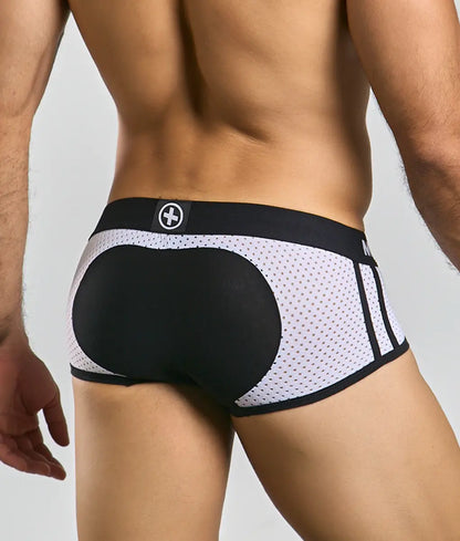Malebasics spot new sexier trunk pink black and white mesh briefs with solid black back and subtle dot pattern