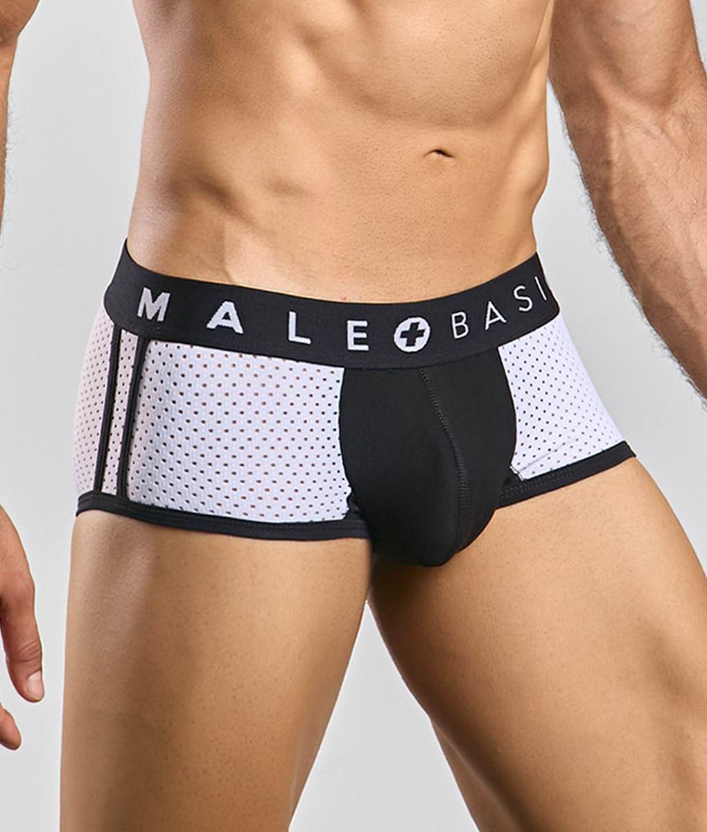Malebasics spot new sexier trunk pink black and white mesh athletic briefs with branded waistband front view