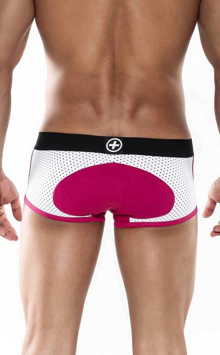 Back side of malebasics spot new sexier trunk pink mesh briefs with magenta rear panel and black waistband with white plus logo