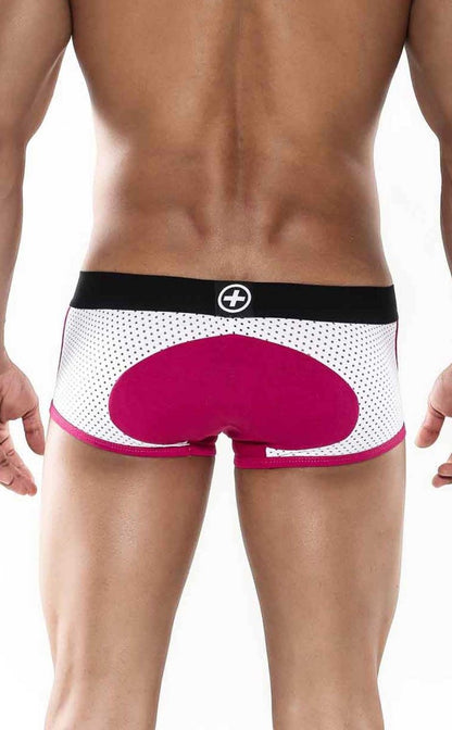 Back side of malebasics spot new sexier trunk pink mesh briefs with magenta rear panel and black waistband with white plus logo