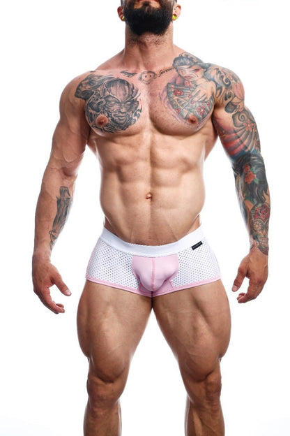 Malebasics spot new sexier trunk pink mesh briefs with white accents and supportive design for comfortable wear