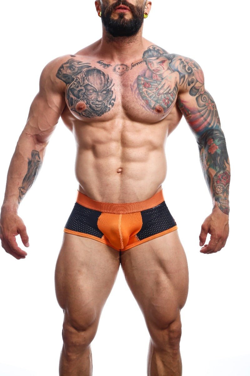 Malebasics spot new sexier trunk pink orange and black mesh athletic briefs with solid orange waistband