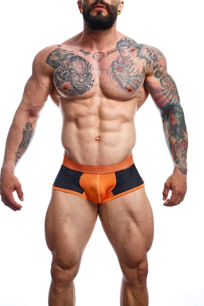 Malebasics spot new sexier trunk pink orange and black mesh athletic briefs with solid orange waistband