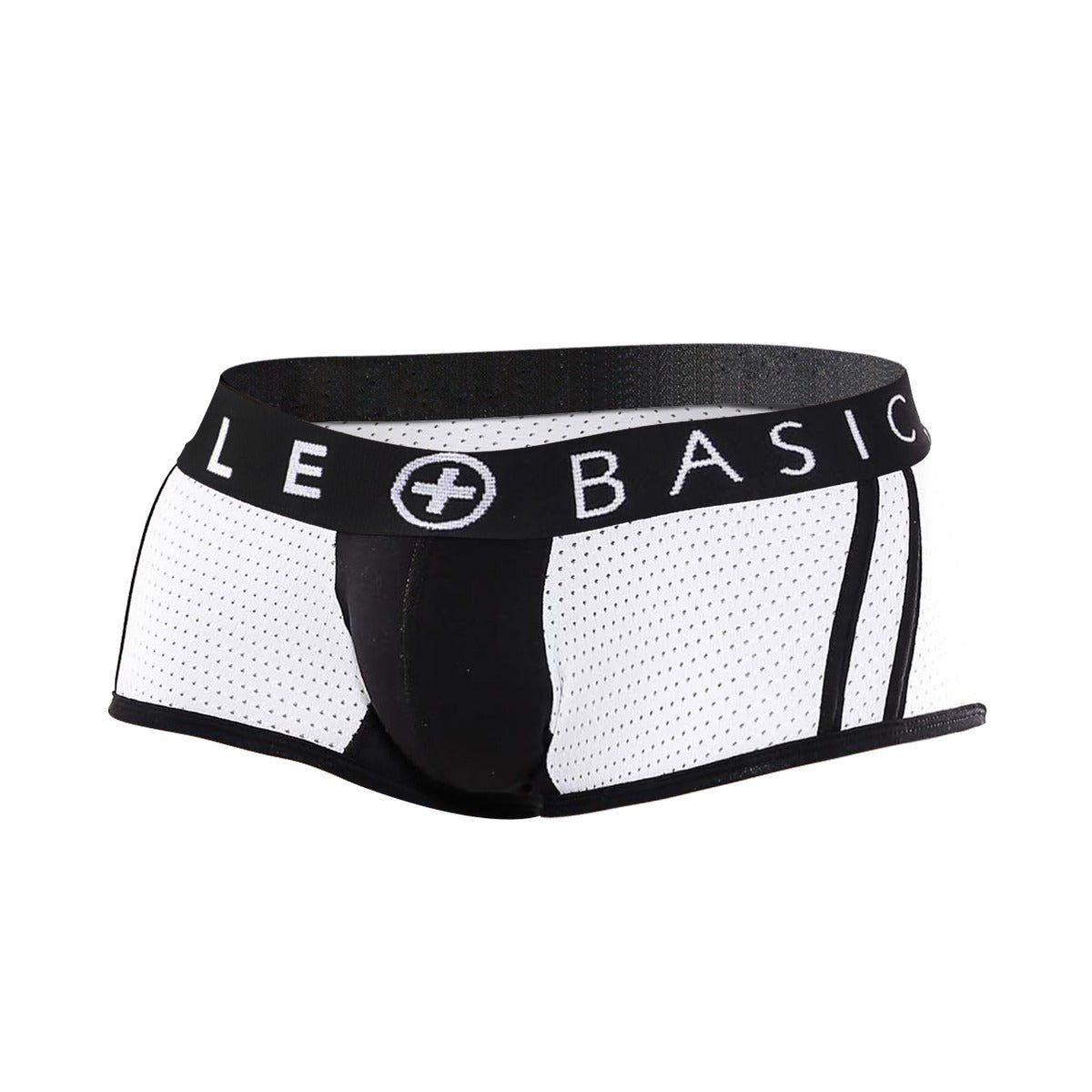 Malebasics spot new sexier trunk pink mesh briefs in white and black with branded elastic waistband front view