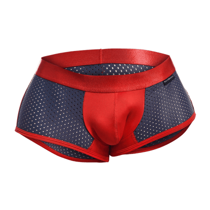 Malebasics spot new sexier trunk pink red and navy blue perforated athletic briefs with satin red waistband front view