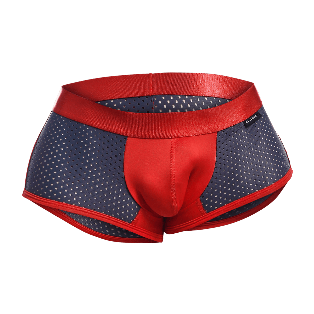 Malebasics spot new sexier trunk pink red and navy blue perforated athletic briefs with satin red waistband front view