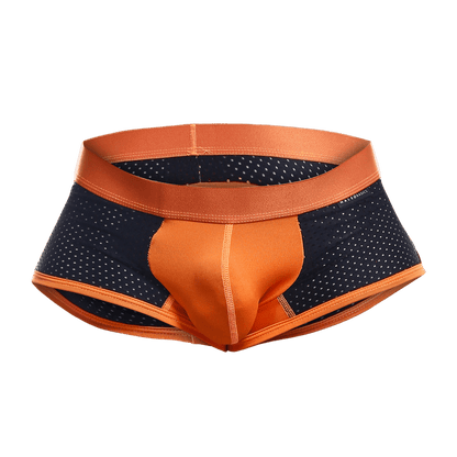 Malebasics spot new sexier trunk pink athletic briefs with orange waistband and perforated navy blue sides