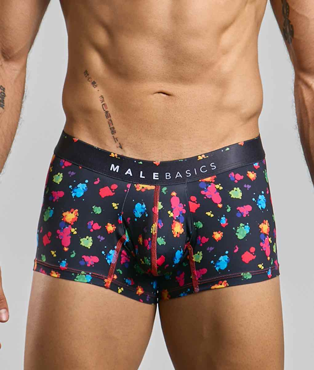 Malebasics trunk hipster black splash boxer briefs feature vibrant multicolored paint splatter and red stitching