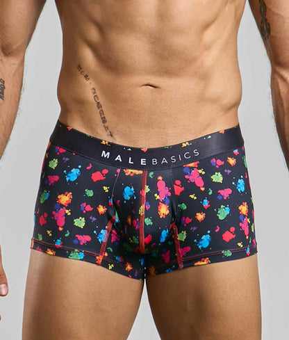 Malebasics trunk hipster black splash boxer briefs feature vibrant multicolored paint splatter and red stitching