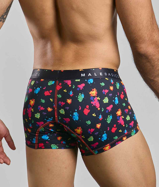 Malebasics trunk hipster black splash men’s boxer briefs with vibrant paint splatter pattern and red stitched waistband
