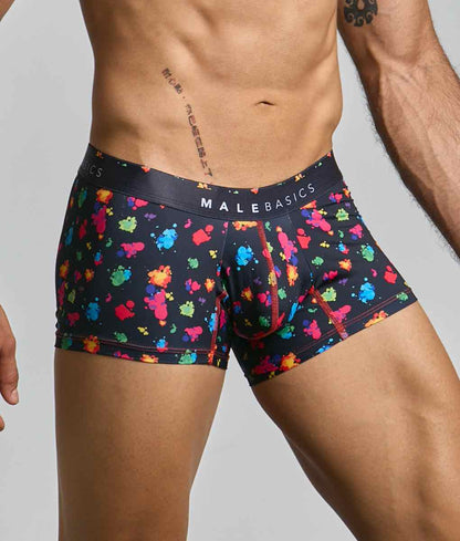 Black men’s boxer briefs with vibrant multicolored paint splatter design and malebasics branded waistband