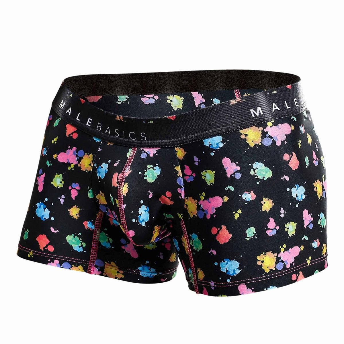 Malebasics trunk hipster black splash boxer briefs with vibrant multicolored paint splatter and pink seam stitching