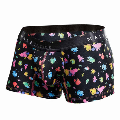 Malebasics trunk hipster black splash boxer briefs in black with multicolored paint splatter and pink stitching