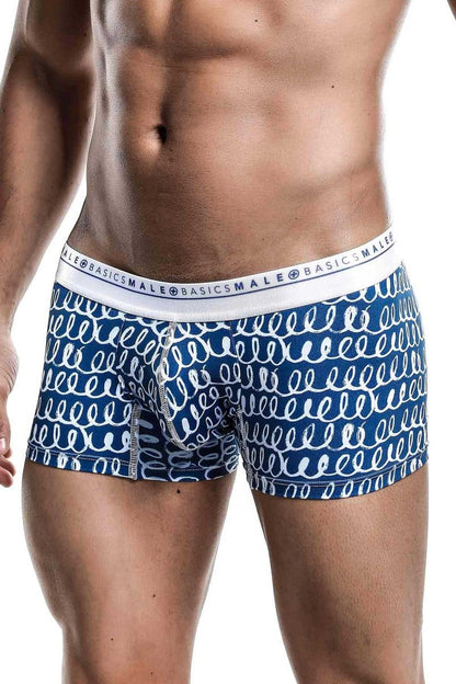 Malebasics trunk hipster crete blue and white patterned men’s boxer briefs with repeating swirl design