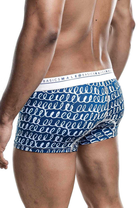 Malebasics trunk hipster crete boxer briefs with blue and white pattern and branded waistband for comfortable fit