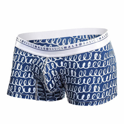 Malebasics trunk hipster crete blue and white patterned men’s boxer briefs with repeating brushstroke design