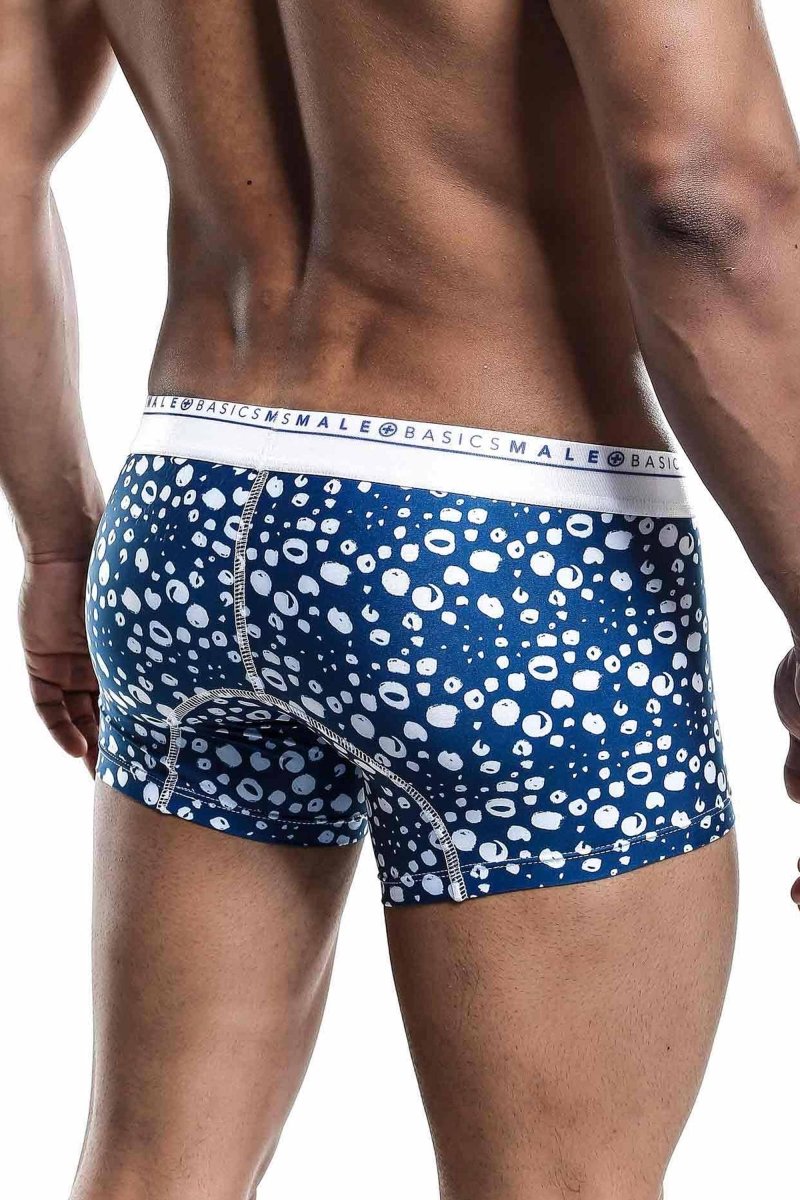 Malebasics trunk hipster paros blue and white patterned men’s boxer briefs with repeating circular design