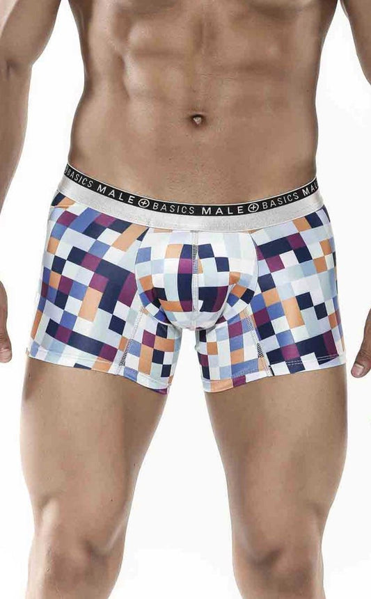 Malebasics trunk hipster pixels men’s boxer briefs with vibrant blue orange purple pixel pattern on white base and branded waistband