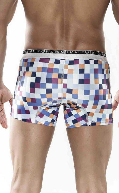 Men’s malebasics trunk hipster pixels boxer briefs with vibrant blue purple orange white pixelated pattern and branded waistband