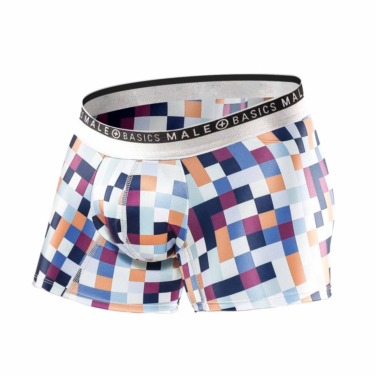 Men’s malebasics trunk hipster pixels boxer briefs with vibrant blue orange purple pixelated pattern and silver waistband