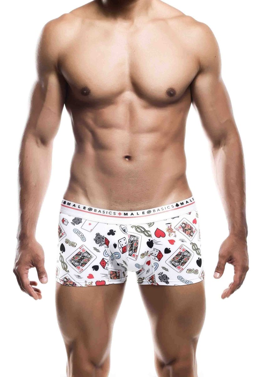 White men’s boxer briefs with a playful red black and gray playing cards pattern by malebasics trunk hipster poker