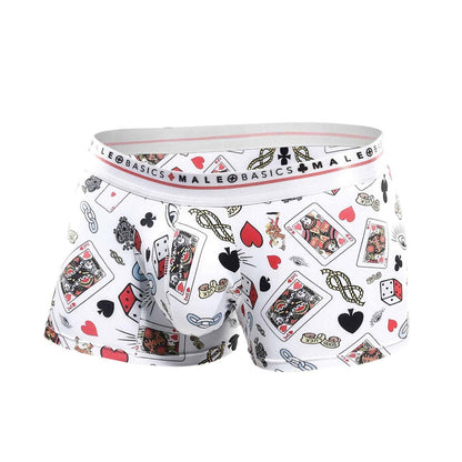 White men’s boxer briefs by malebasics trunk hipster poker with a playful red black and gold playing cards and dice pattern