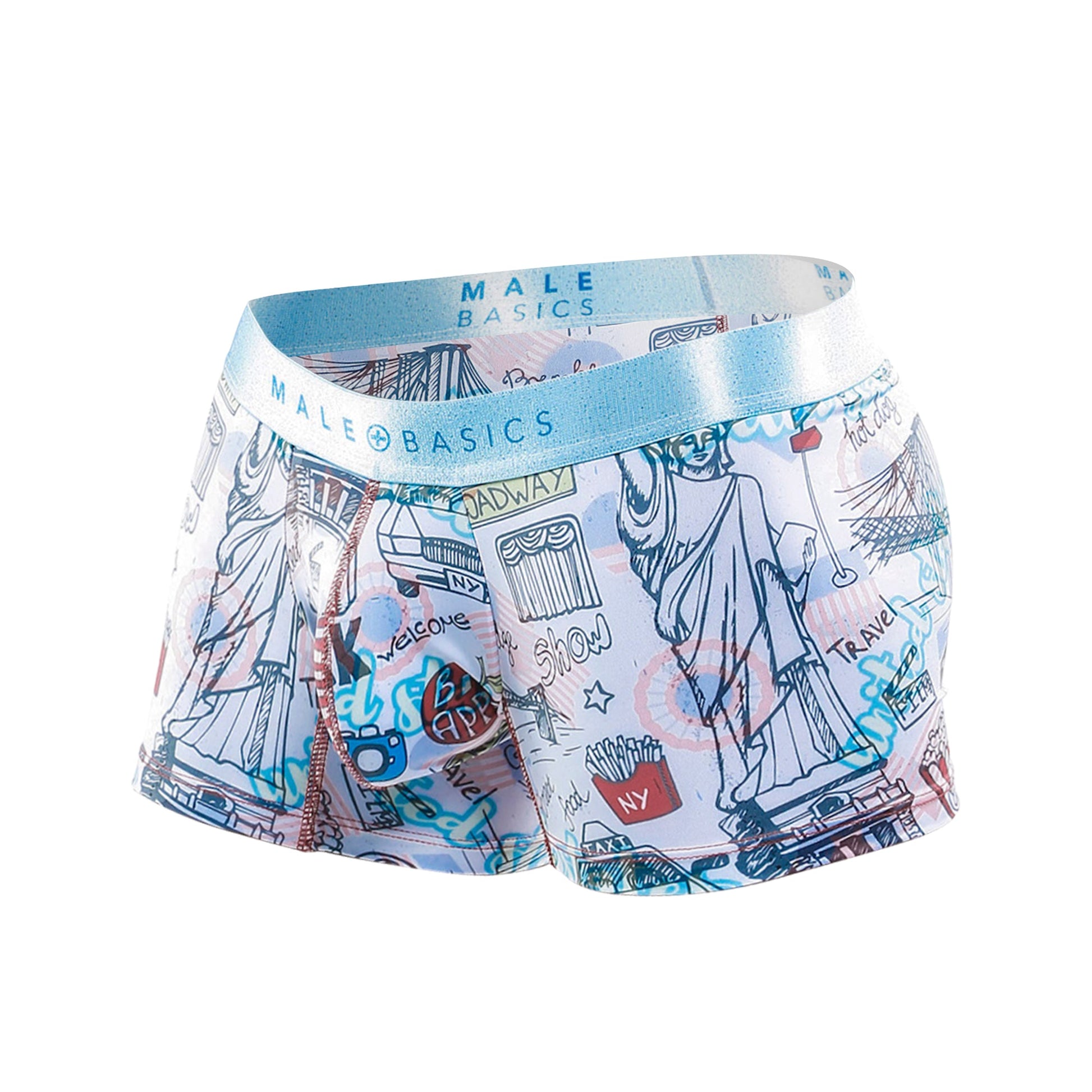 Light blue and white malebasics trunk hipster poker boxer briefs with playful new york city landmarks and food illustrations