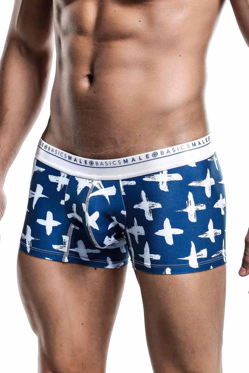 Malebasics trunk hipster santorini men’s boxer briefs in blue and white with a repeating cross pattern