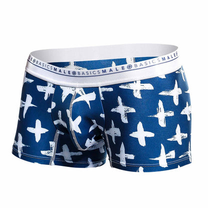 Blue and white patterned malebasics trunk hipster santorini boxer briefs with branded elastic waistband
