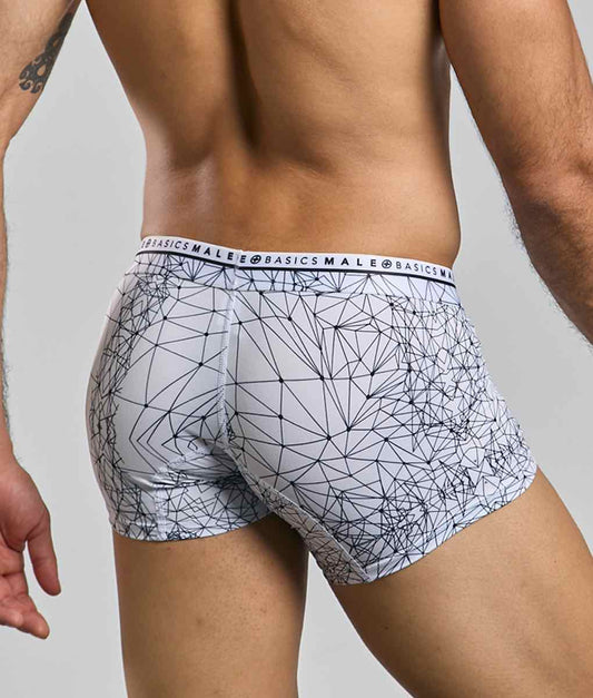 White Malebasics trunk hipster spider boxer briefs with black geometric line pattern and branded waistband