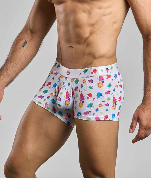Malebasics trunk hipster white splash boxer briefs with vibrant multicolored paint splatter pattern on white fabric