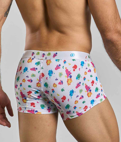 Malebasics trunk hipster white splash boxer briefs with vibrant multicolored paint splatter pattern on white fabric