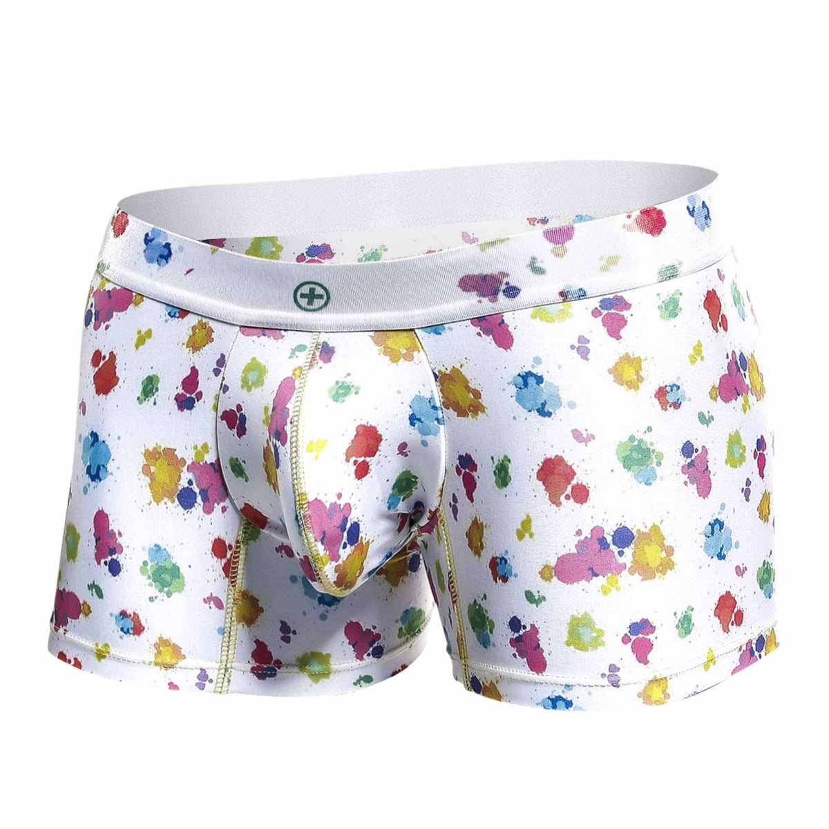 MaleBasics trunk hipster white splash white boxer briefs with vibrant multicolored paint splatter pattern