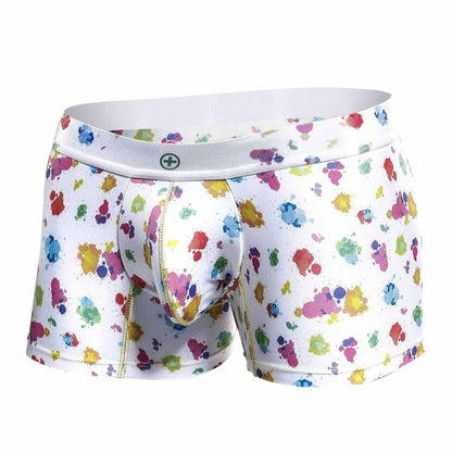Malebasics trunk hipster white splash boxer briefs with vibrant multicolored paint splatter pattern on white fabric