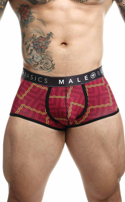 Malebasics trunk sexy pouch men’s briefs in red and gold pattern with black trim and branded waistband final sale