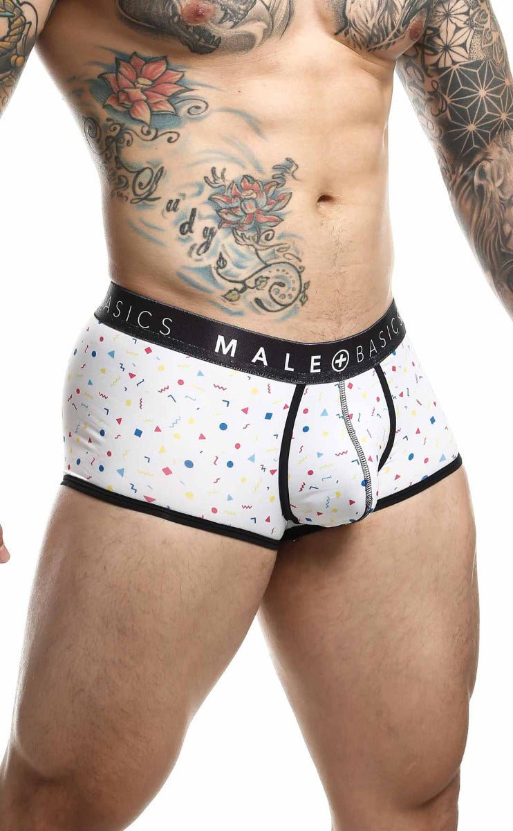 White men’s briefs with pastel confetti pattern black trim and basics male branding on the waistband malebasics trunk sexy pouch final sale