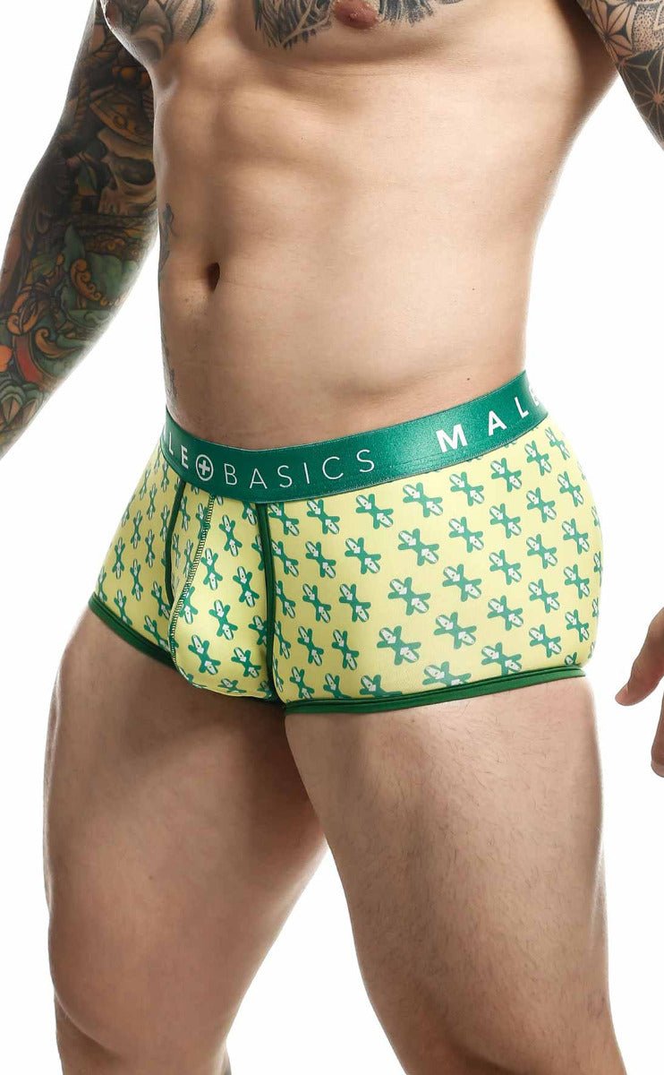Malebasics trunk sexy pouch green and yellow patterned men’s briefs with matching life basics elastic waistband