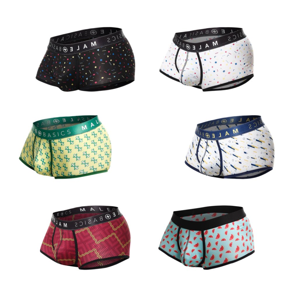 Six pairs of male basics men’s boxer briefs with colorful patterns and matching waistbands in malebasics trunk sexy pouch final sale