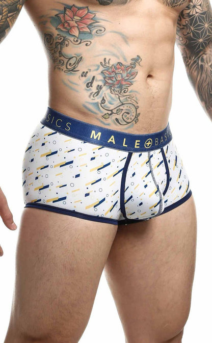 White men’s boxer briefs with navy waistband male basics and yellow black white geometric pattern malebasics trunk sexy pouch final sale