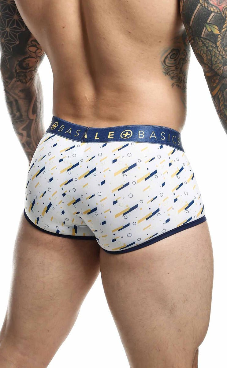 Malebasics trunk sexy pouch white boxer briefs with navy and gold geometric diagonal lines and navy trim final sale