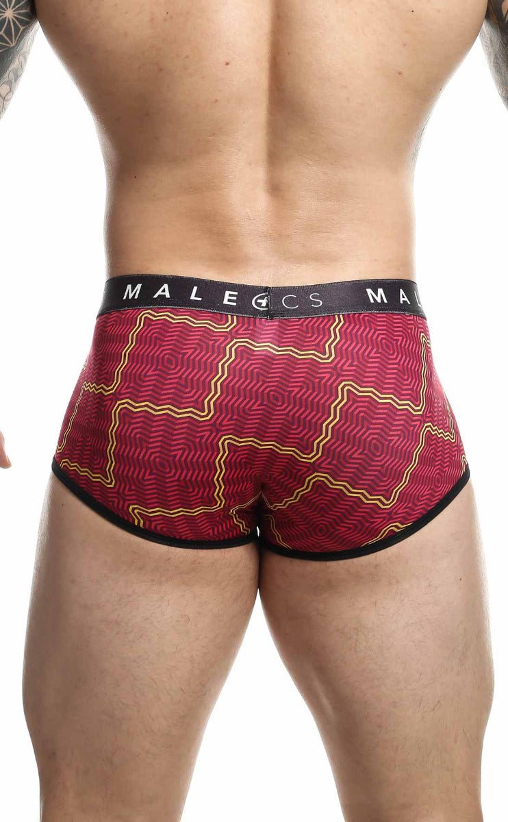 Red and gold patterned men’s briefs with black trim and malecs waistband from Malebasics trunk sexy pouch final sale