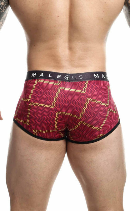 Red and gold patterned men’s briefs with black trim and malecs waistband from Malebasics trunk sexy pouch final sale