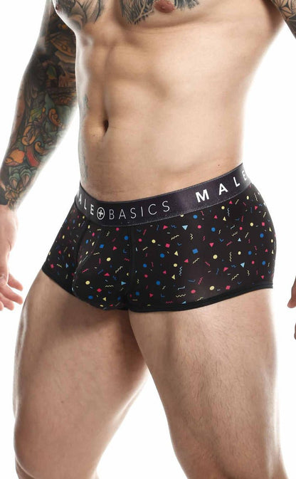 Malebasics trunk sexy pouch men’s black briefs with colorful confetti pattern and male basics branded waistband