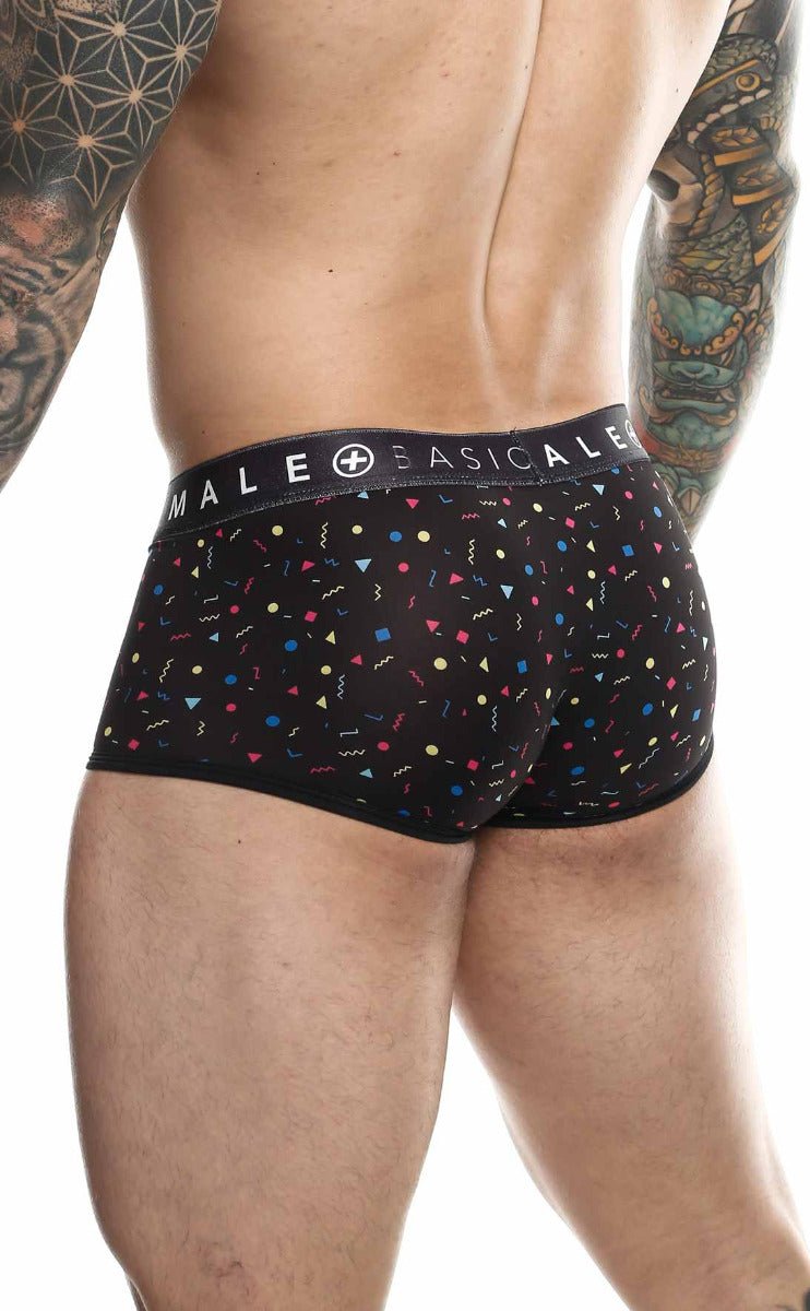 Black men’s briefs with a playful multicolored confetti pattern and Male Basicale waistband in Malebasics Trunk Sexy Pouch final sale
