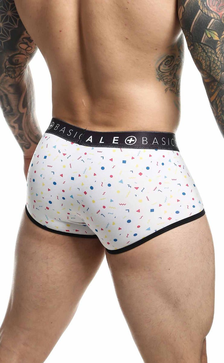 White men’s briefs with multicolored geometric shapes black trim and basic+ale waistband malebasics trunk sexy pouch final sale
